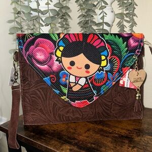 Handcrafted Brown Suede Clutch/Crossbody with Colorful Folk-Art Flap